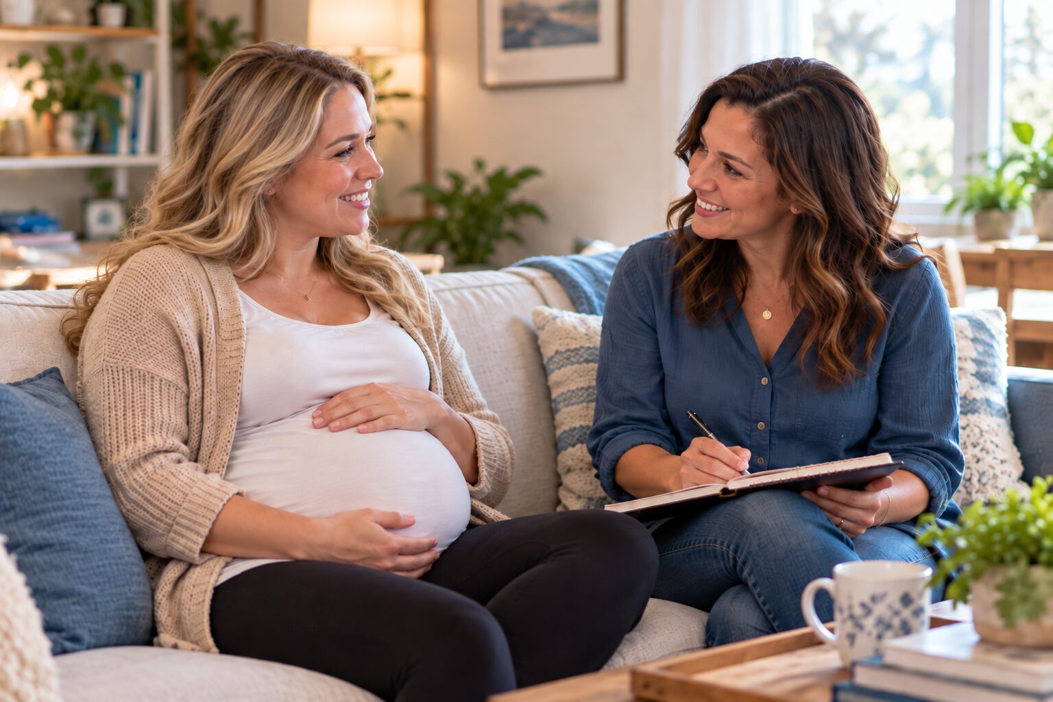 A doula seated beside a pregnant woman on a sofa, both smiling as they talk