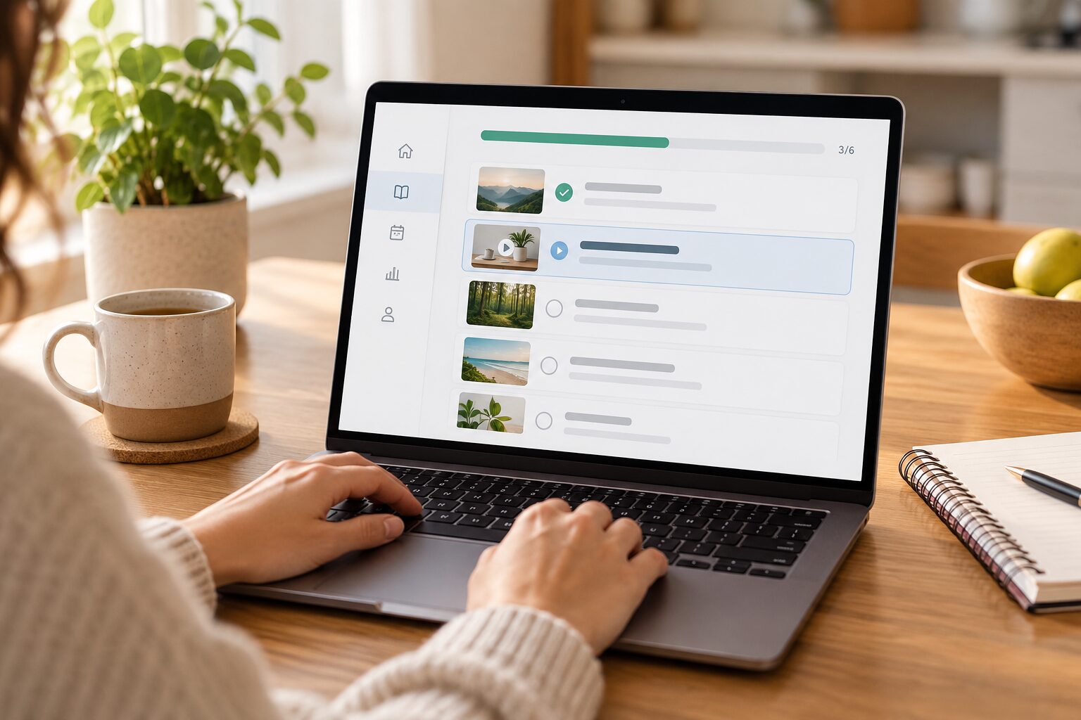 A laptop showing an illustrative course dashboard with a progress bar and a current lesson