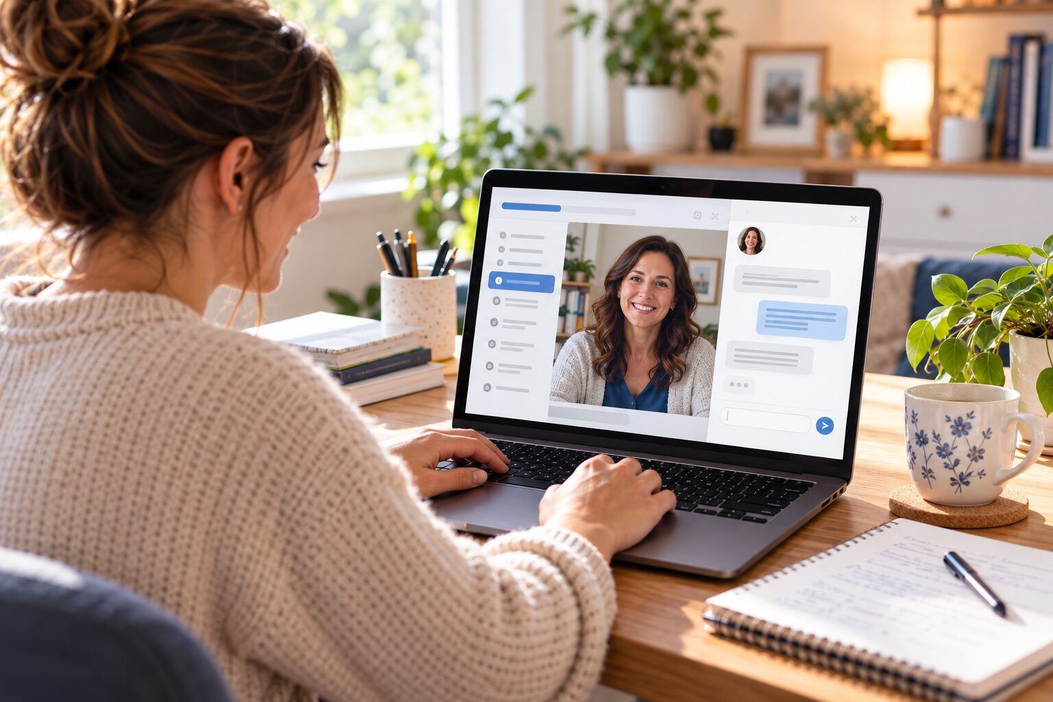 A doula student at home typing a question into the Expert Support chat panel of the online student system