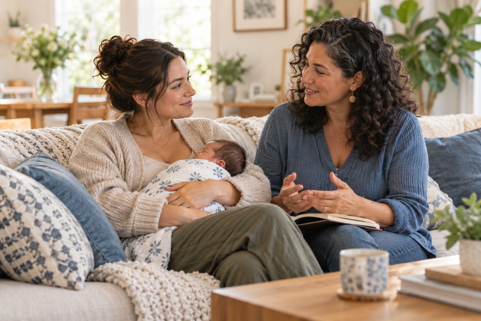 A postpartum doula sitting with a new mother and her newborn in a bright home